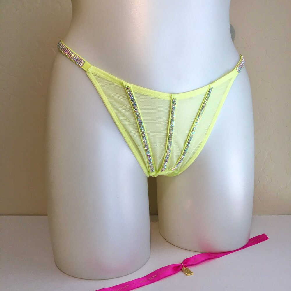 VS Shine Strap Triple Stripe Citron Lime Mesh Thong M NWT